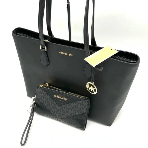 Michael Kors Bag Large Sheila Mf Tote Bag & Large Double Zip Wallet Black/Gold - Picture 11 of 14